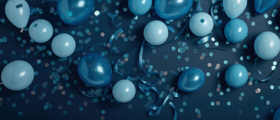 Holidays blue background with deep blue balloons, confetti, sparkles, lights. Anniversary. Banner for birthday, party, Topp view. Flat lay. Generative Ai.