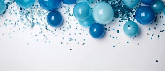 Foto op Canvas Holidays blue background with deep blue balloons, confetti, sparkles, lights. Anniversary. Banner for birthday, party, Topp view. Flat lay. Generative Ai. © Inai