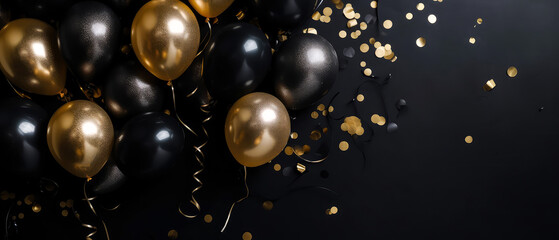 Fototapeta na wymiar Luxury holidays background with black,golden balloons, confetti, sparkles, lights. Anniversary. Banner for birthday, party, Topp view. Flat lay. Generative Ai.