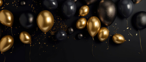 Luxury holidays background with black,golden balloons, confetti, sparkles, lights. Anniversary. Banner for birthday, party, Topp view. Flat lay. Generative Ai.