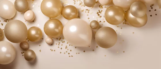 Fotobehang Luxury holidays beige background with balloons,golden confetti, sparkles, lights. Anniversary. Banner for birthday, party, Topp view. Flat lay. Generative Ai. © Inai
