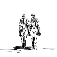 Fototapeta na wymiar Sketch of horse police of Santiago de Chile, Two police officers ride horses next to each other, Vector hand drawn illustration