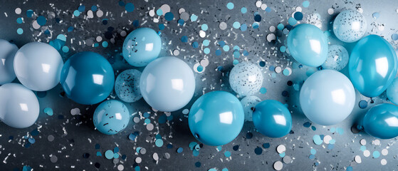 Holidays blue background with deep blue balloons, confetti, sparkles, lights. Anniversary. Banner for birthday, party, Topp view. Flat lay. Generative Ai.