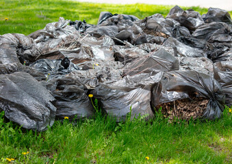 Plastic garbage bags on the green grass in the park. Ecology concept