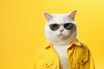 cute cat wearing glasses  and shirt white background - obrazy, fototapety, plakaty