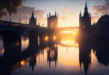 river Thames at sunrise in metropolitan city buildings in autumn London. Travel Photograph illustration