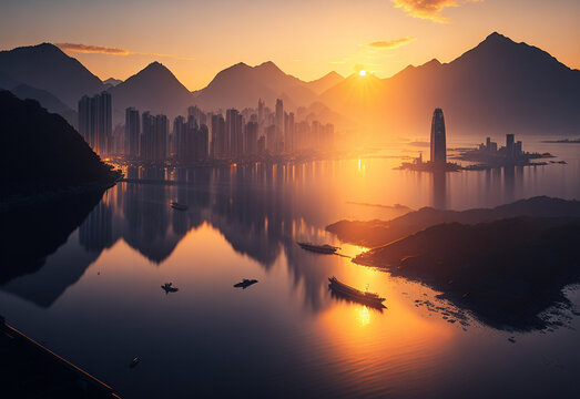 urban city river mountains at sunrise, Hong Kong travel Photograph