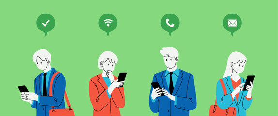 Business person using smartphone, smartphone function icon