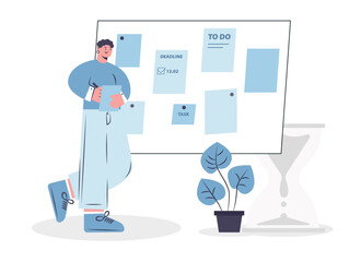 Adult male standing near board and making notes. Managing time efficiently by juggling different tasks simultaneously. Wise timing concept. Flat vector illustration in cartoon style
