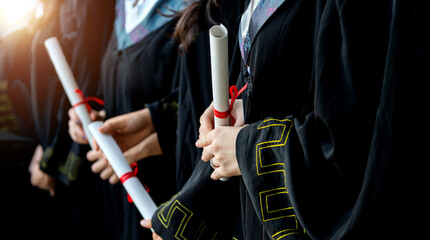 Fototapeta na wymiar Graduated students holding diplomas in a line