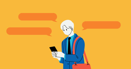 Business person using smartphone, message balloon