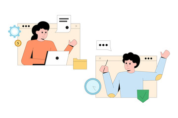 Entrepreneurs greeting one another during video chat. Modern business life. Business partnership concept. Success and achievement. Flat vector illustration in cartoon style