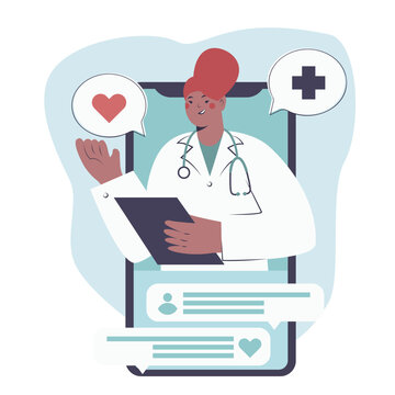 Virtual medical worker happy to help people. Quick and easy way to receive medical advice and treatment from comfort of ones own home. Online medical consultation concept. Flat vector illustration