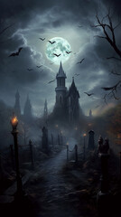 Halloween night scene with haunted house, Enchanting Nighttime Cityscape with Historic Architecture and Spooky Atmosphere - Generative Ai