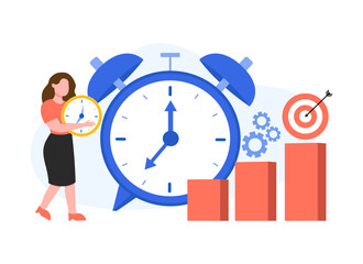 Lady holding clock and checking time. Time management. Timely performance of tasks and achievement goals. Cartoon character planning project tasks. Flat vector illustration in cartoon style