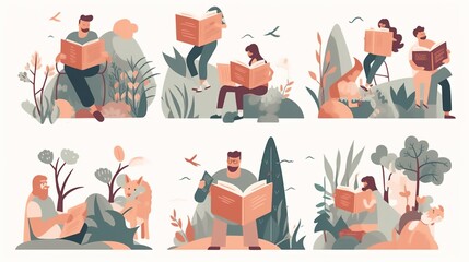 Book concepts set. Happy readers reading fiction, fantasy, fairytale, education and business literature for knowledge, wisdom.