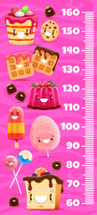 Kids height chart ruler, cartoon ice cream, sweets and dessert characters. Vector growth meter with cheesecake, cookie, wafers and jelly. Cotton candy, lollipop and chocolate pie kawaii personages