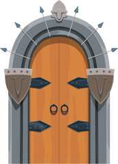 Medieval castle gate or fortress dungeon wooden door with stone arch, vector cartoon. Medieval palace or fortress doorway with ancient metal door knob, castle or citadel entrance with guardian shields