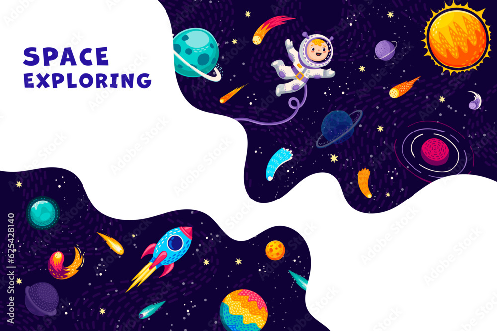 Poster space banner with kid astronaut, rocket, planets and starry galaxy. vector cartoon funny cosmonaut f