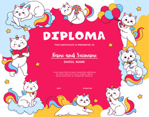 Obraz na płótnie Canvas Kids diploma with cartoon cute caticorn characters, vector certificate award template. Funny kitty cat unicorn with rainbow tail on cloud for school or kindergarten workshop certificate diploma