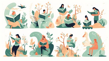 Book concepts set. Happy readers reading fiction, fantasy, fairytale, education and business literature for knowledge, wisdom.