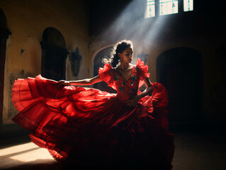 LATIN FOLKLORE DANCER, RED DRESS. AI GENERATIVE