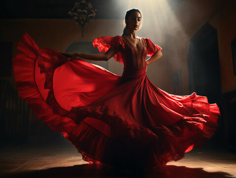 LATIN FOLKLORE DANCER, RED DRESS. AI GENERATIVE