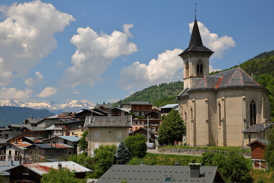 The village of Montagny, located above the commune Bozel, Northern French Alps, Tarentaise, Savoie, France, and surrounded by mountains
