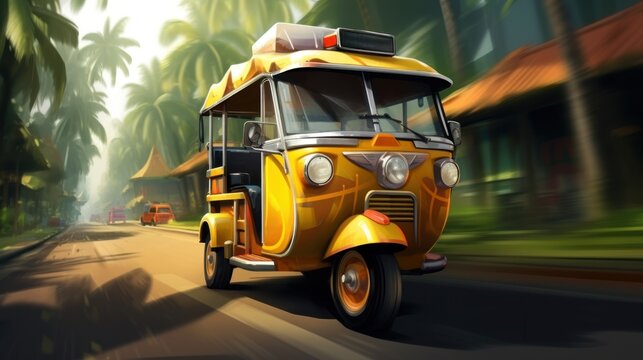 Asian tuk tuk taxi vector illustration Asian man driving tuk tuk, Sra Lanka, Thailand, India transport cartoon flat card