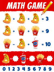 Math game worksheet, cartoon pizza, french fries and soda drink, vector mathematics quiz. Funny cartoon fast food characters in math game puzzle for addition and subtraction calculation skills