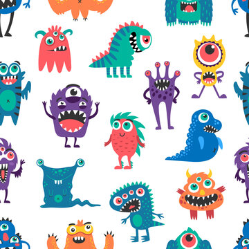Cartoon monster characters seamless pattern, vector background with funny creatures. Cheerful bizarre alien animals and happy monsters, trolls and yeti bigfoot and cyclops with gremlin in pattern