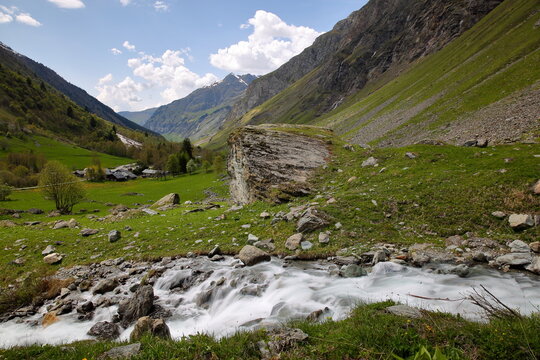 The valley of Champagny le Haut,Vanoise National Park, Northern French Alps, Tarentaise, Savoie, France, with the hamlet Laisonnay d'en Bas and the mountain stream Py