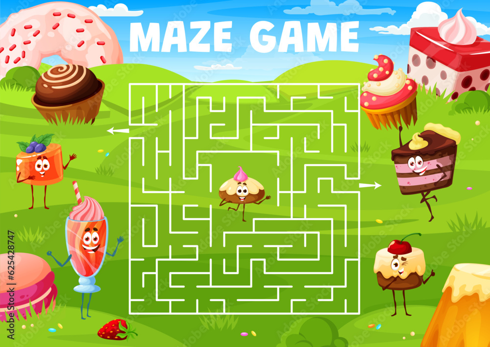 Poster help to find exit for cartoon funny cake character on meadow labyrinth maze. kid vector board game w