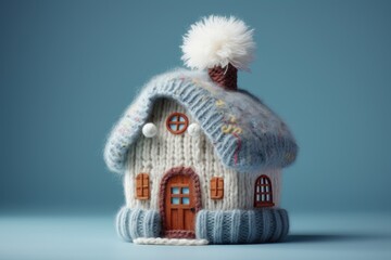 Concept of the heating system in a winterized house, along with the presence of cold snowy weather, depicted by a model of a house adorned with a cozy knitted cap. - obrazy, fototapety, plakaty