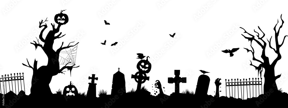 Wall mural Halloween cemetery silhouette. Vector creepy graveyard with zombie hand, trees, bats, tombs, fence, jack lantern pumpkins and spider webs on white background. Horror night holiday necropolis design