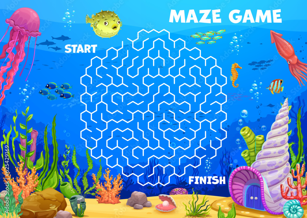 Aufkleber labyrinth maze help to fish find a shell house. kids vector board game worksheet with funny cartoon 
