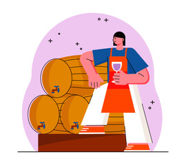 Obraz premium Woman standing near barrels of wine, holding glass with drink and testing finished product. Tasting organic wine. Winemaking process with natural grapes. Flat vector illustration in cartoon style