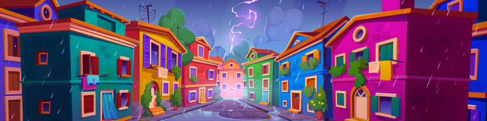 Old Germany city street with medieval houses in rain at night. German city with stone buildings and cottages, road and plants in storm weather with lightning, vector cartoon illustration