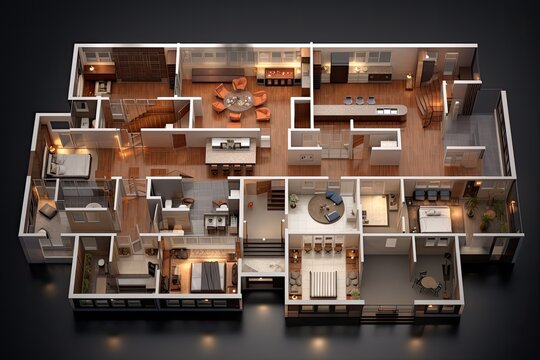 A simplified, 3D image of a floor plan model created to capture the essence of the design.
