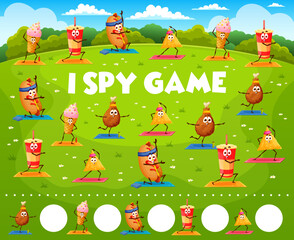 I spy game, cartoon fast food characters on yoga fitness, vector kids worksheet. Hot dog, ice cream and soda with chicken fast food in sport on quiz puzzle to search and find same objects on picture