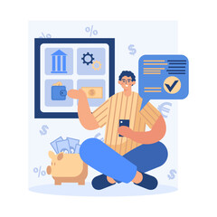 Male holding phone, using online banking. Successful financial transactions online. Personal account of payer. Online banking concept. Flat vector illustration in blue and yellow colors