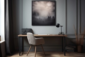 A real life image shows a gray chair positioned next to a desk that is accompanied by a computer monitor. The workspace is minimalistic in design and features a poster on the wall.