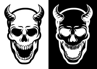 Skull Head with Horn Black and White Drawing Vector