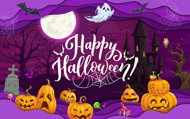 Halloween paper cut landscape. Cartoon funny pumpkin characters and midnight cemetery. Vector background with 3d effect papercut waves, old castle, ghost, bats, spider web, candies and trees at night
