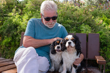 Senior smiling man with black sunglasses sitting on a bench in the park with his two cavalier king charles dogs. Elderly bearded man relaxes enjoying retirement and good company