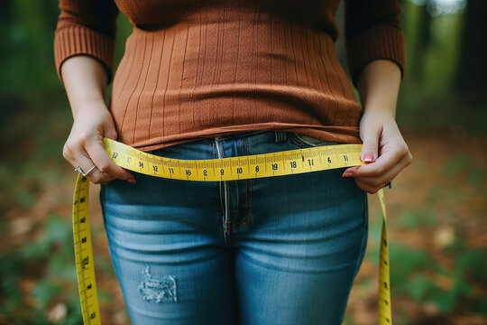 A person holding a measuring tape around a waist, symbolizing healthy eating habits.