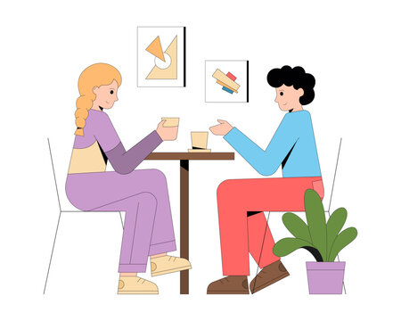Young female and male sitting in restaurant and talking, resting after work. Couple chatting at kitchen table over coffee. Friendly communication concept. Colorful flat vector illustration