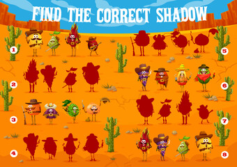 Shadow matching game cartoon cowboy, sheriff and bandit fruit characters. Vector logic quiz with melon, pear, dragon fruit and plum. Orange, figs, bergamot and mandarin with papaya, lychee and grapes