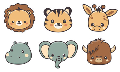 Set of vector animals of Africa on white background. Animal faces in a cute kawaii style. Lion, tiger, elephant, hippo, giraffe, buffalo. . Vector illustration
