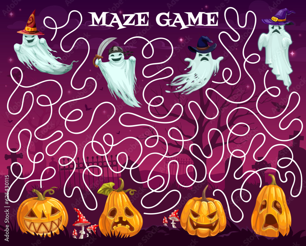 Poster halloween labyrinth maze cartoon ghosts and pumpkins on cemetery. vector board game worksheet with f